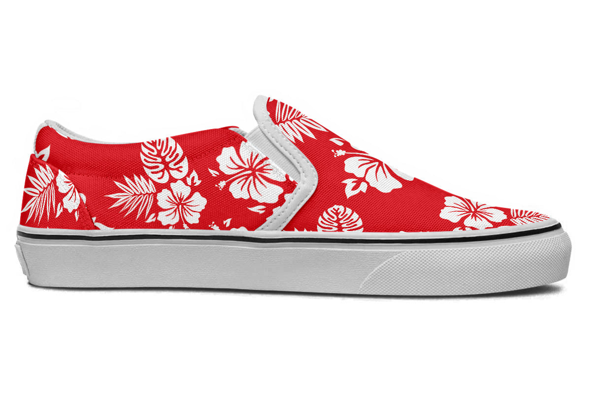 Hawaiian Sneakers: Red Floral Pattern Slip On Sneakers