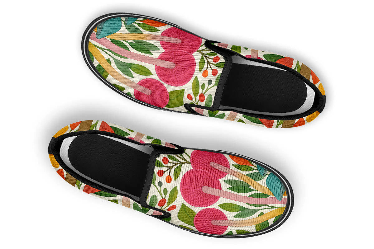 Custom Kiks Mycella Slip Ons, colorful slip-on shoe with floral and mushroom design