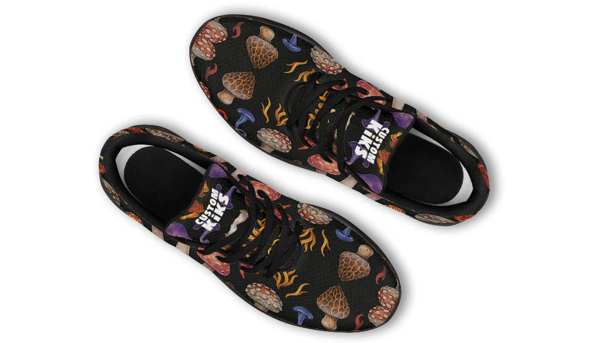 Custom Kiks Morel Hunting Sport Shoes – deep purple and red sneakers with mushroom forest design