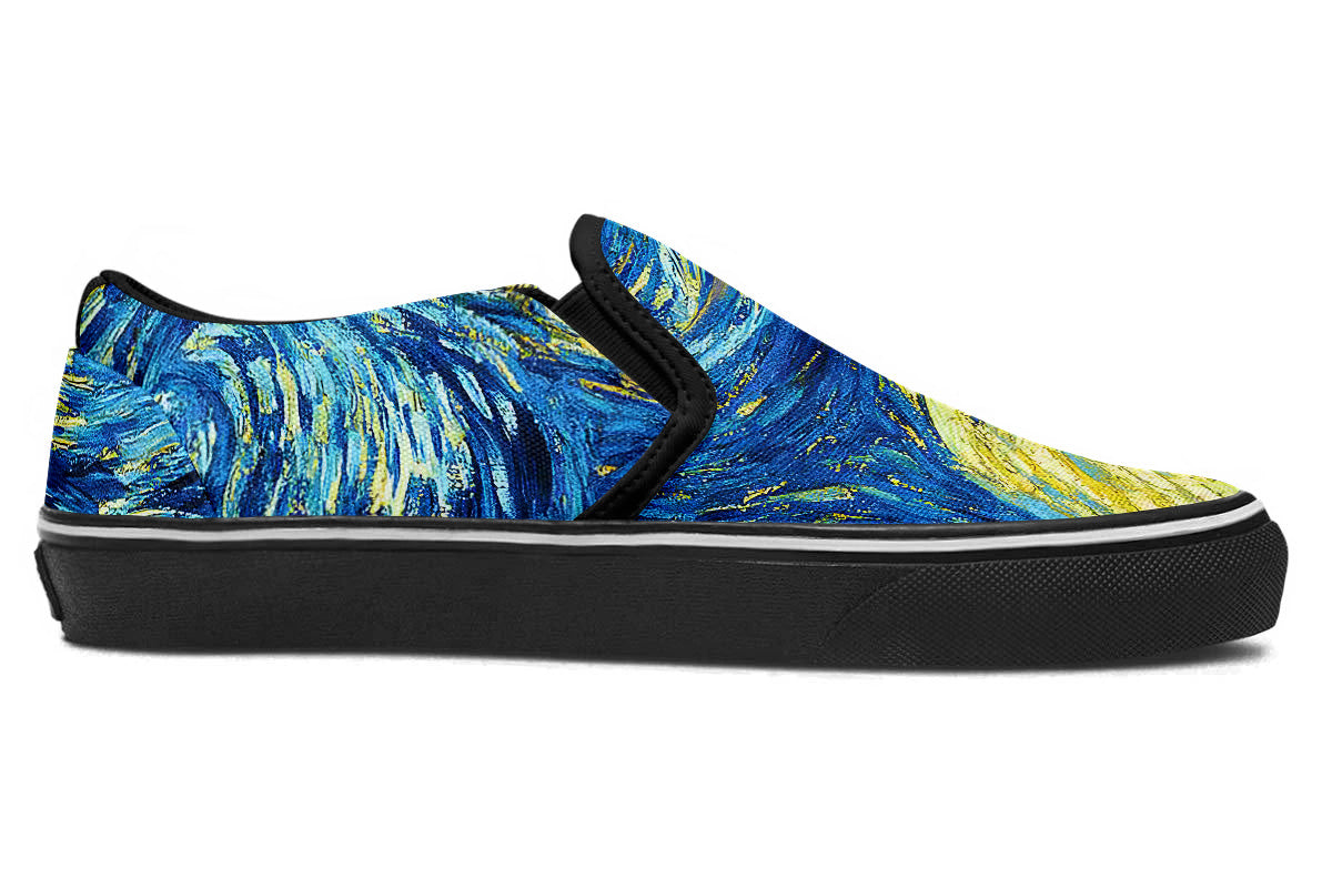 Starry Night Sneakers: Swirl Sky Illustration Slip On Sneakers
