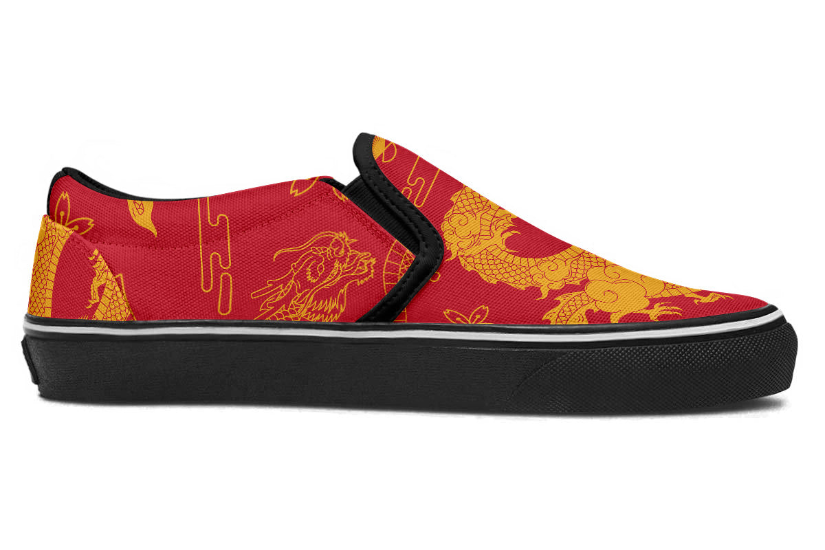 Dragon Sneakers: Red Dragon Pattern Slip On Sneakers
