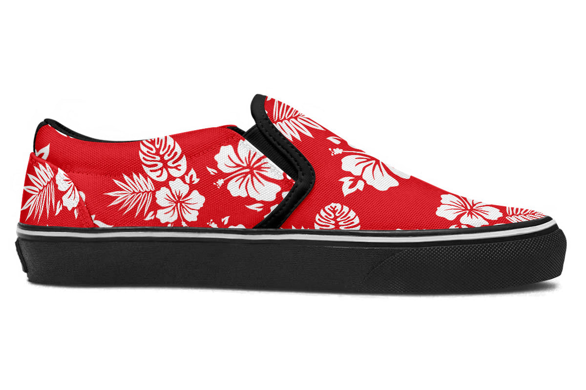 Hawaiian Sneakers: Red Floral Pattern Slip On Sneakers