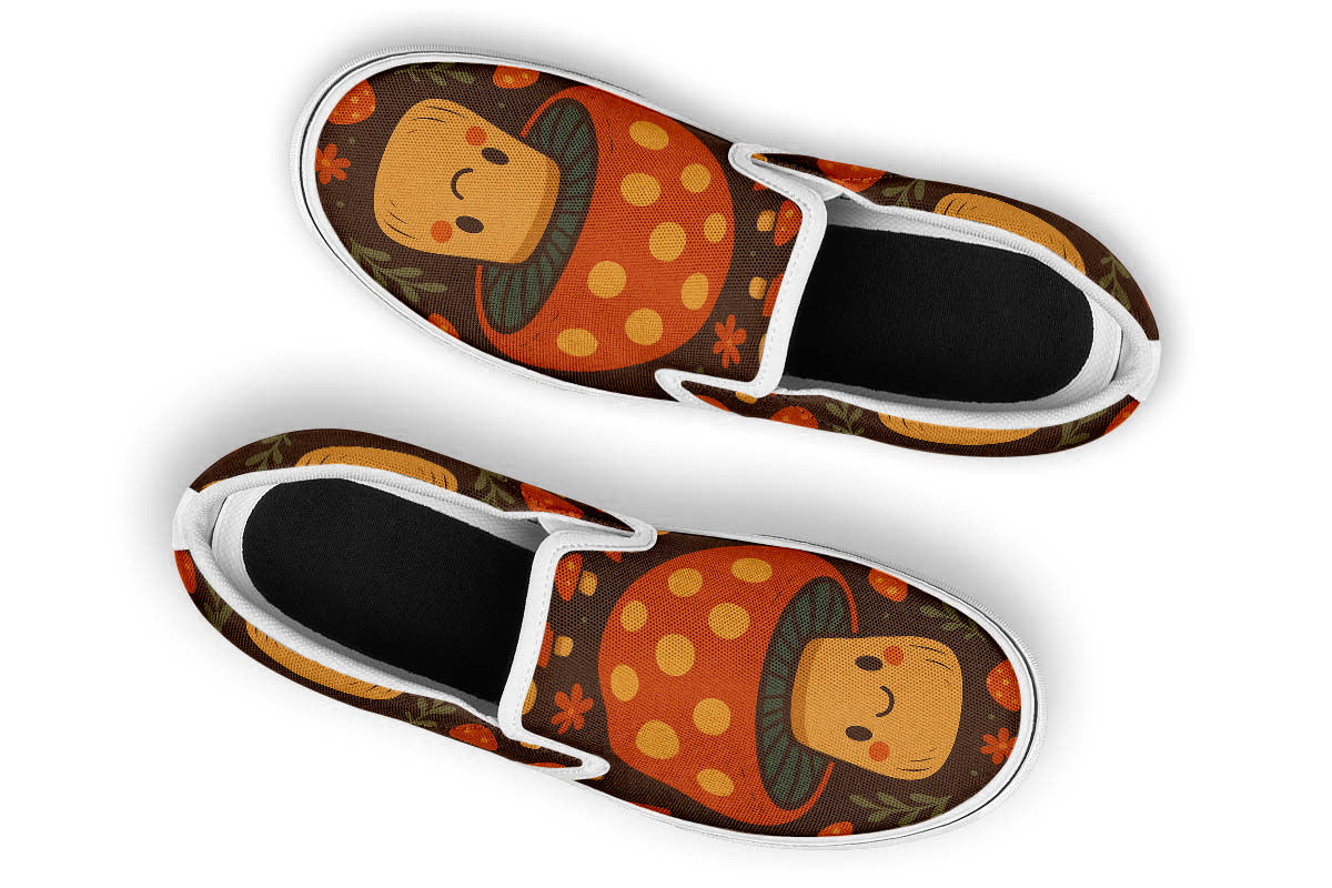 Custom Kiks Smiling Toadstool Slip Ons – dark orange and green sneakers with whimsical mushroom details