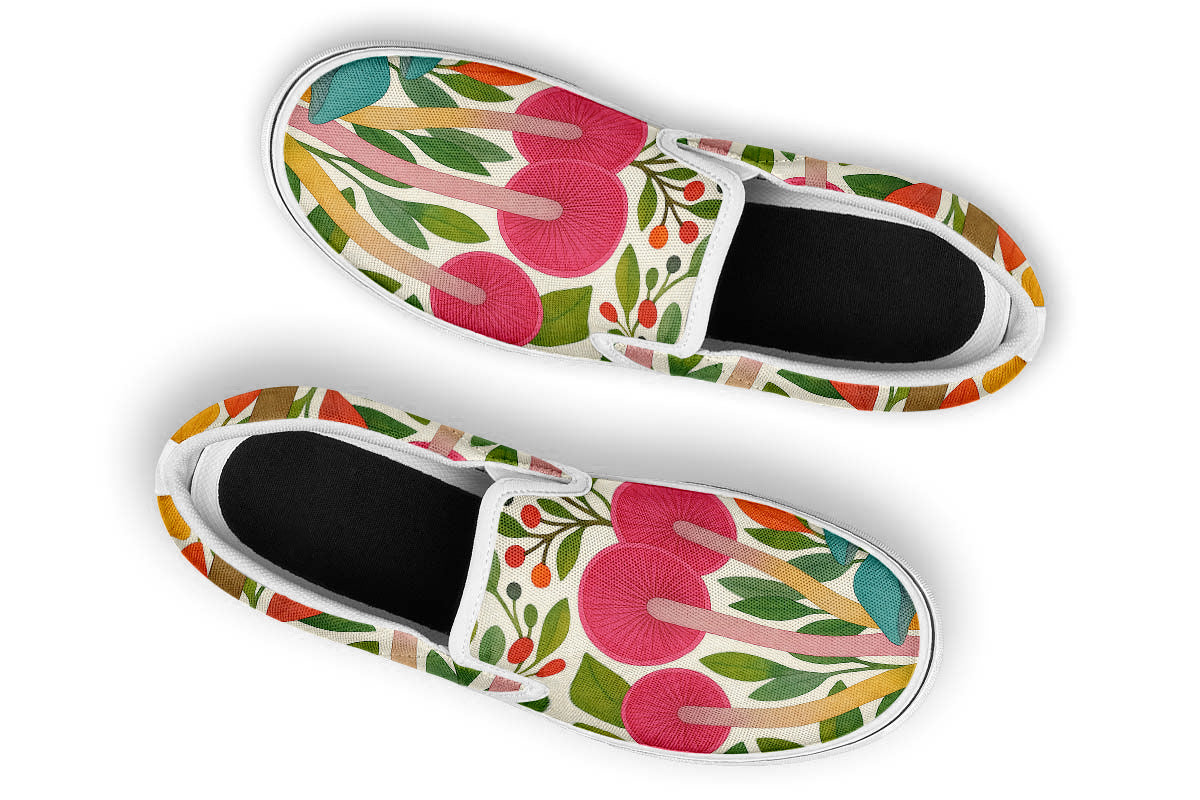 Custom Kiks Mycella Slip Ons, colorful slip-on shoe with floral and mushroom design
