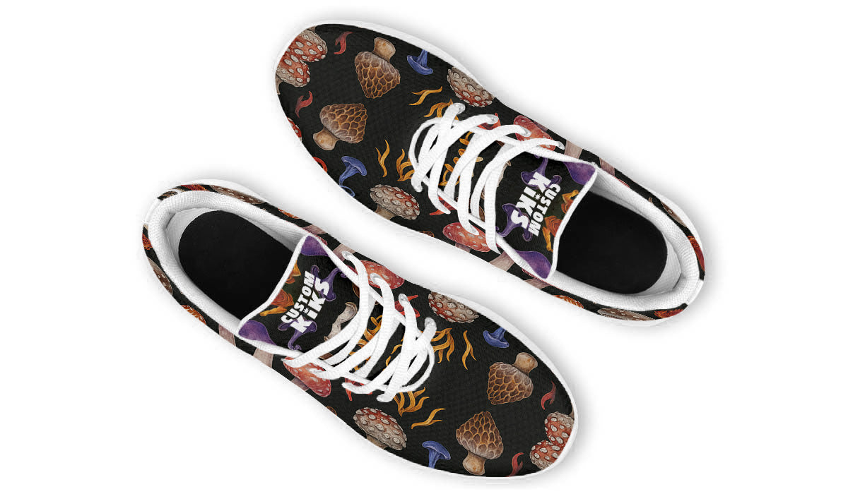 Custom Kiks Morel Hunting Sport Shoes – deep purple and red sneakers with mushroom forest design