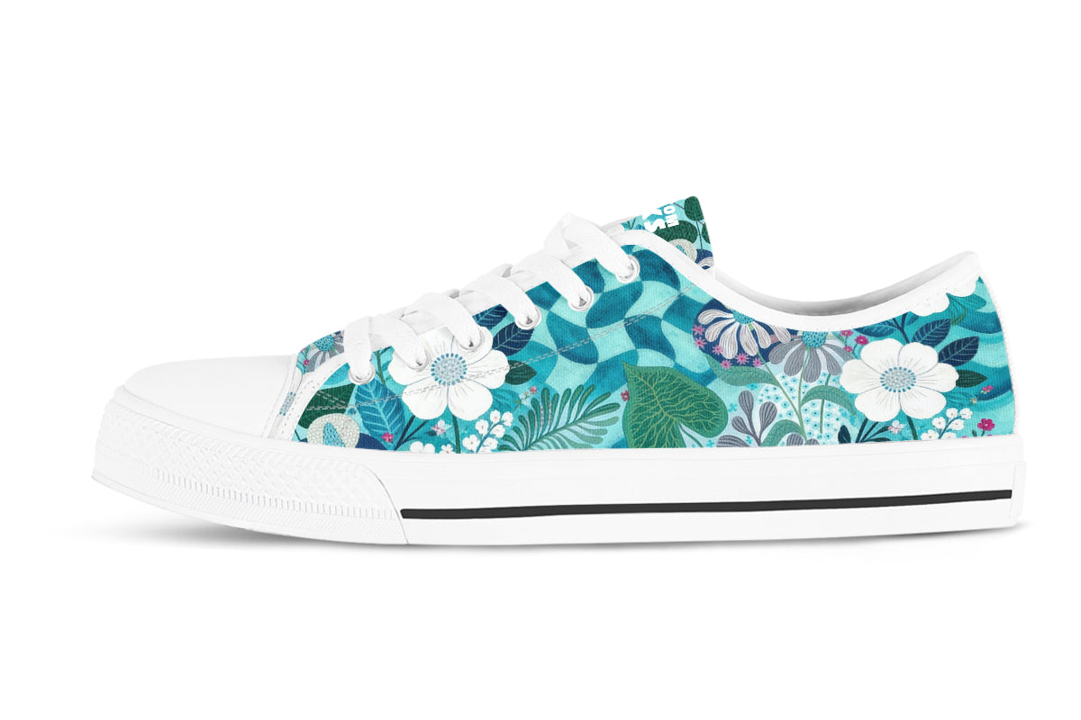 Floral Sneakers: Teal and White Floral Pattern Low Top Sneakers