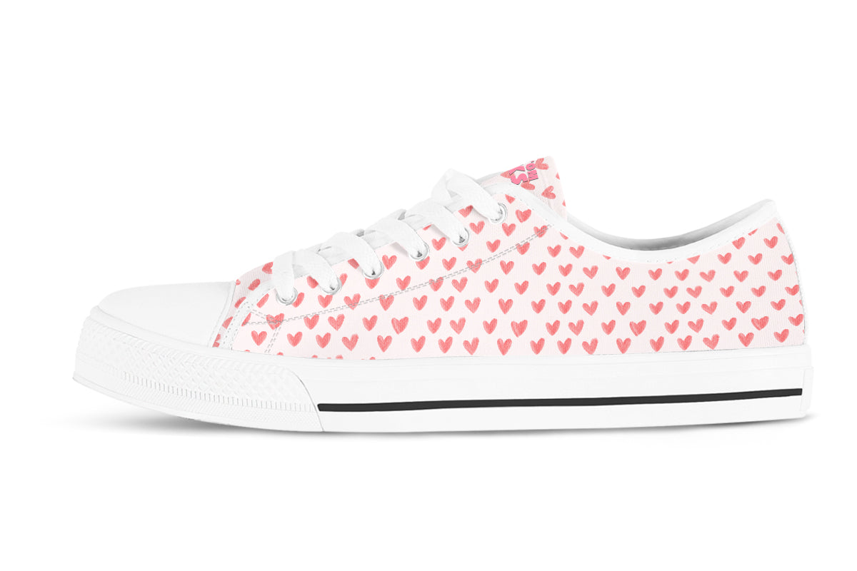 Heart Pattern Sneakers: Red Hearts Pattern Low Top Sneakers