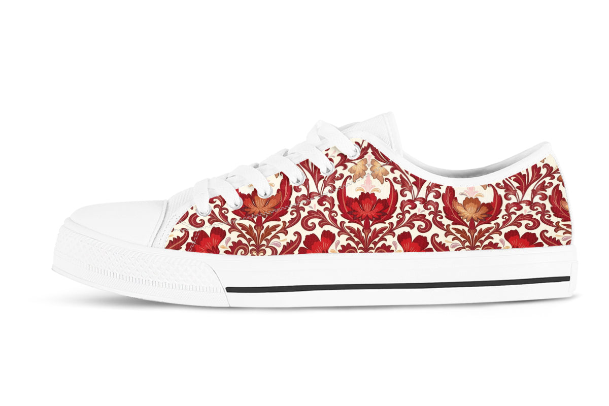 Cherry Lace Sneakers: Red Cherry Lace Pattern Low Top Sneakers