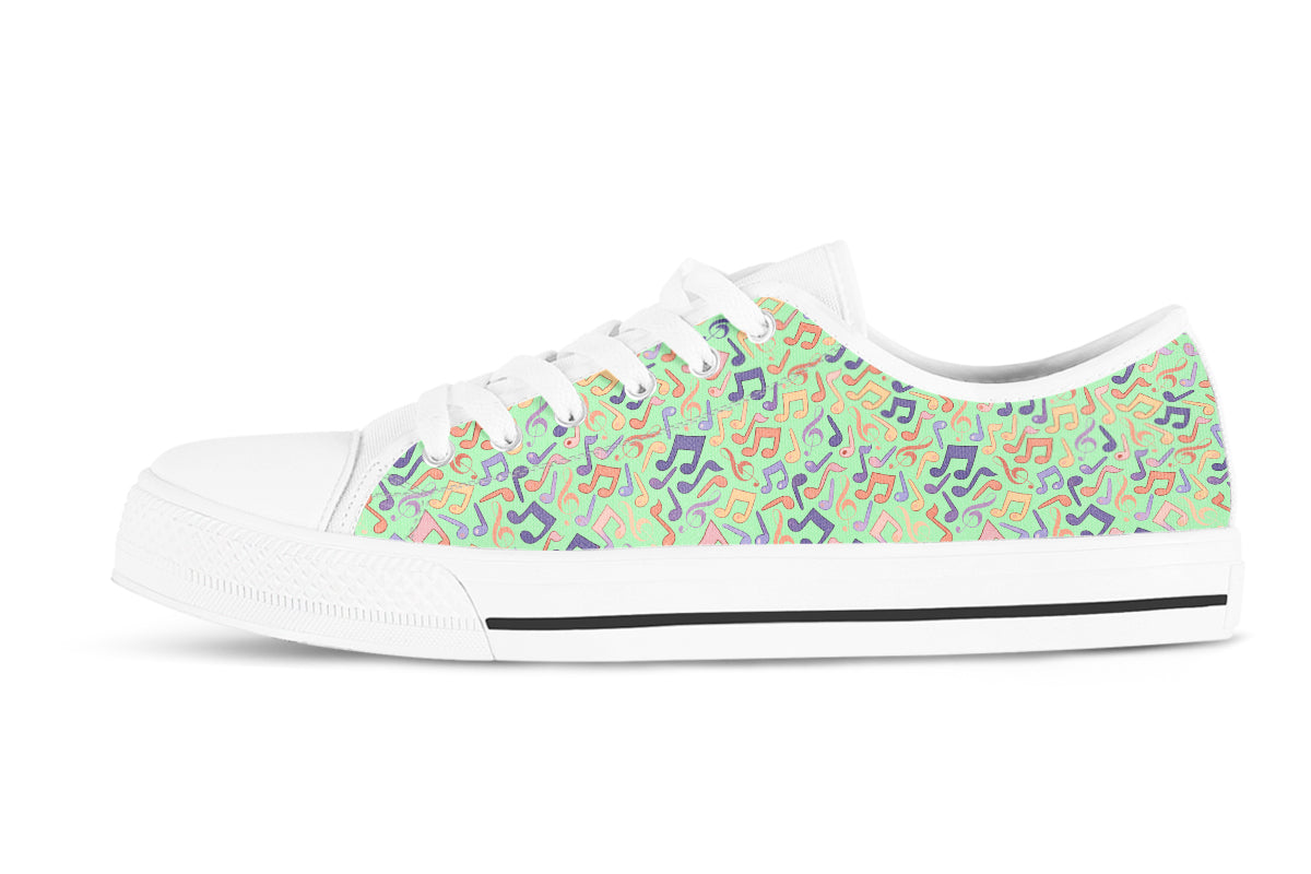 Music Notes Sneakers: Green Music Pattern Low Top Sneakers