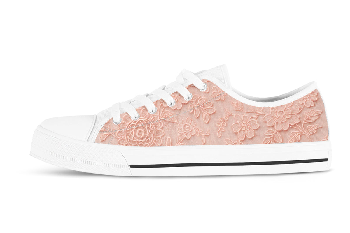 Lace Sneakers: Pink Lace Pattern Low Top Sneakers