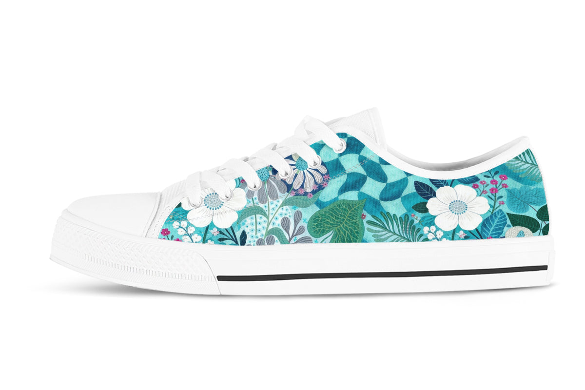Floral Sneakers: Teal and White Floral Pattern Low Top Sneakers