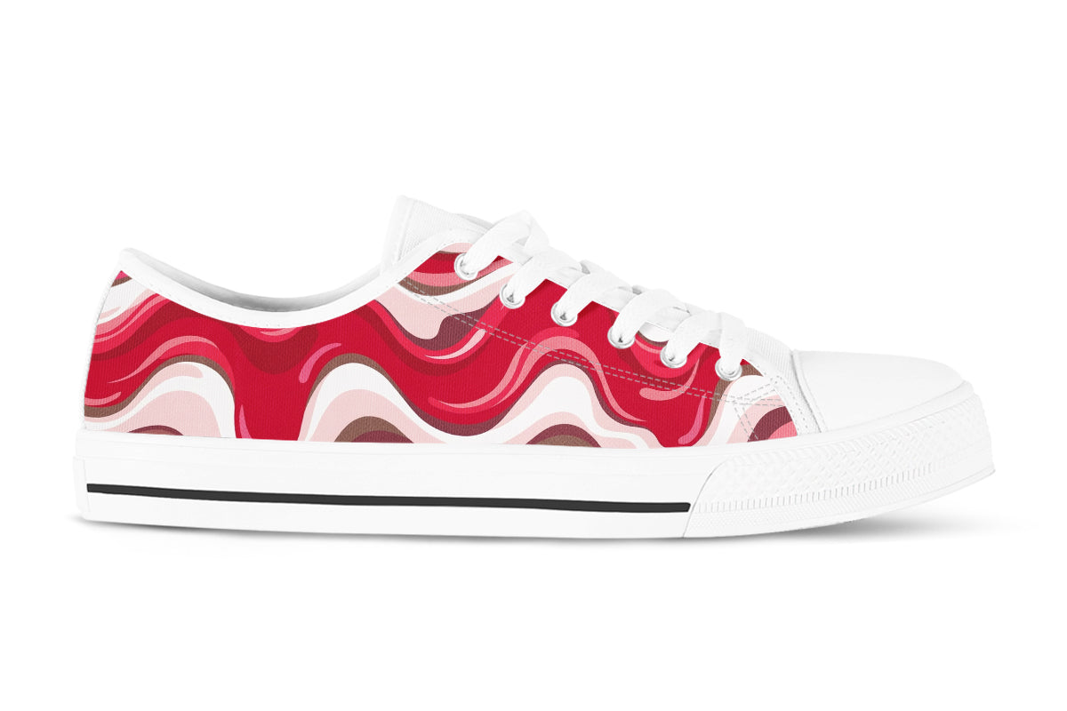 Cherry Red Sneakers: Cherry Wave Pattern Low Top Sneakers