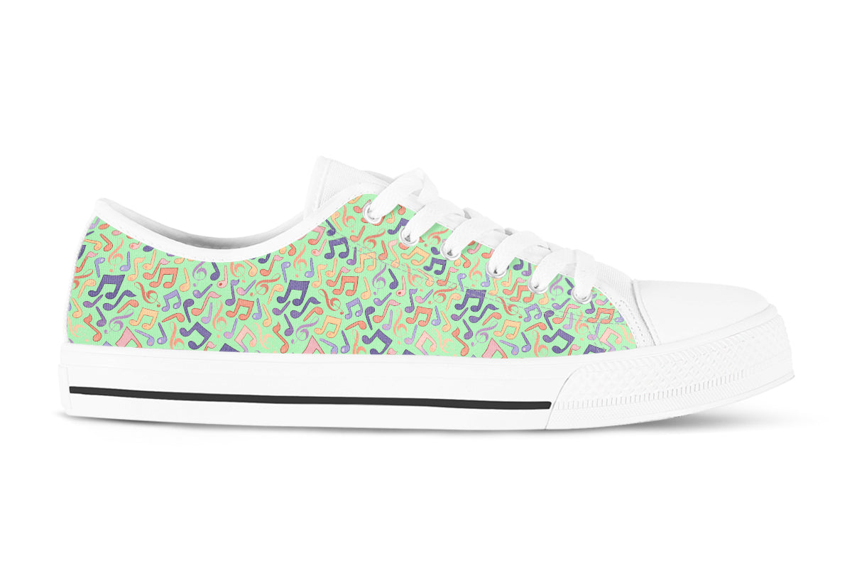 Music Notes Sneakers: Green Music Pattern Low Top Sneakers