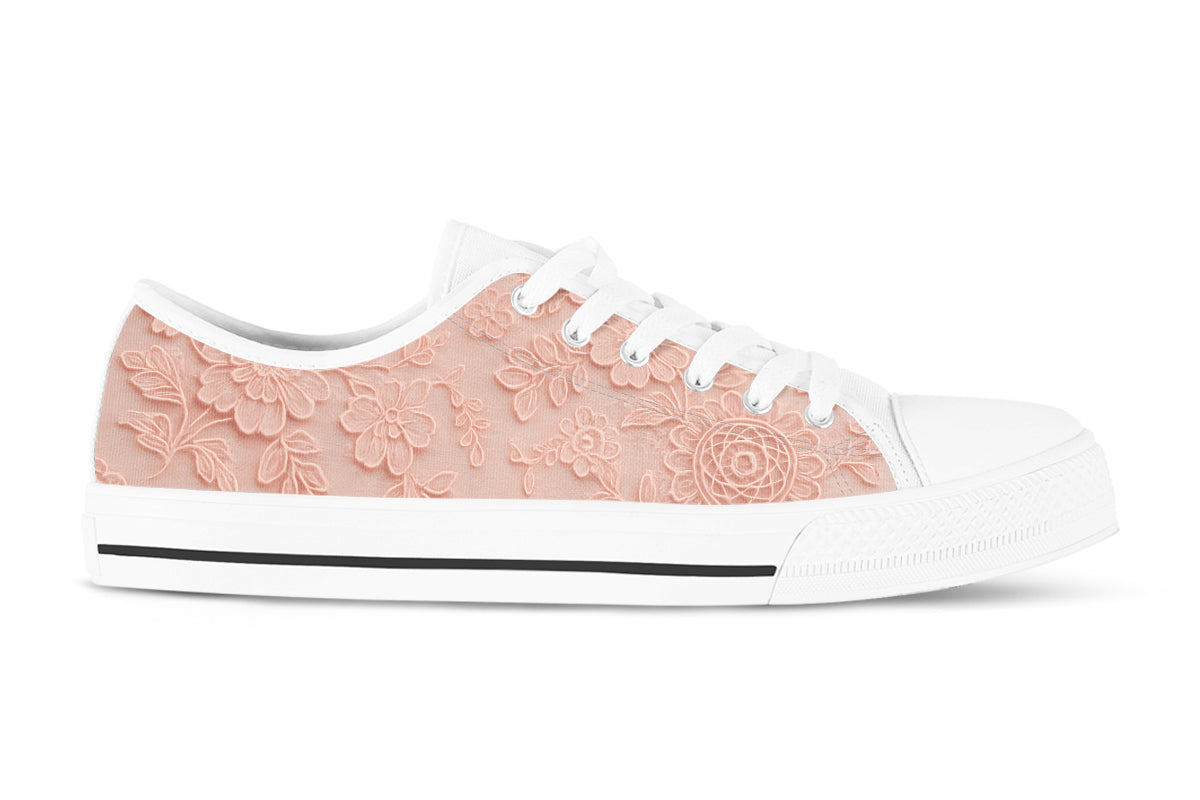 Lace Sneakers: Pink Lace Pattern Low Top Sneakers