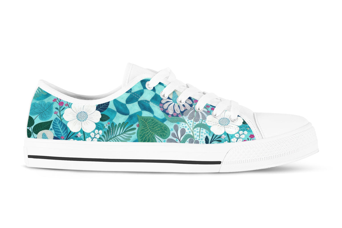 Floral Sneakers: Teal and White Floral Pattern Low Top Sneakers