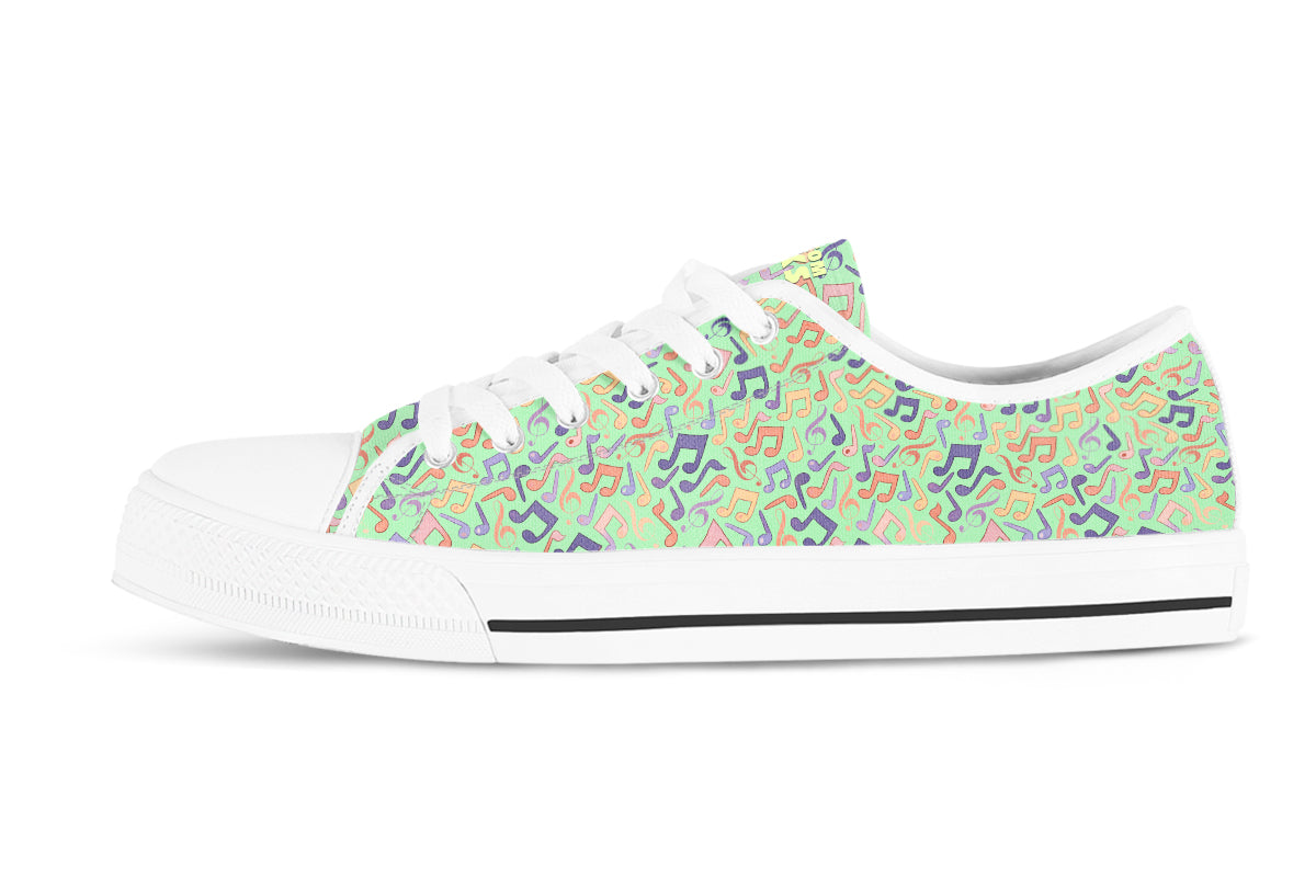 Music Notes Sneakers: Green Music Pattern Low Top Sneakers