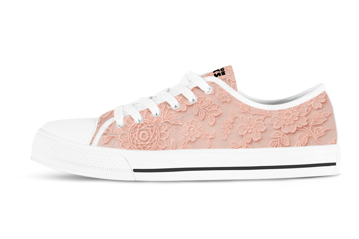 Lace Sneakers: Pink Lace Pattern Low Top Sneakers