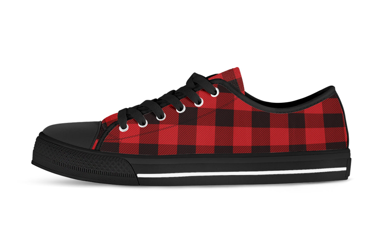 Plaid Sneakers: Black and Red Plaid Pattern Low Top Sneakers