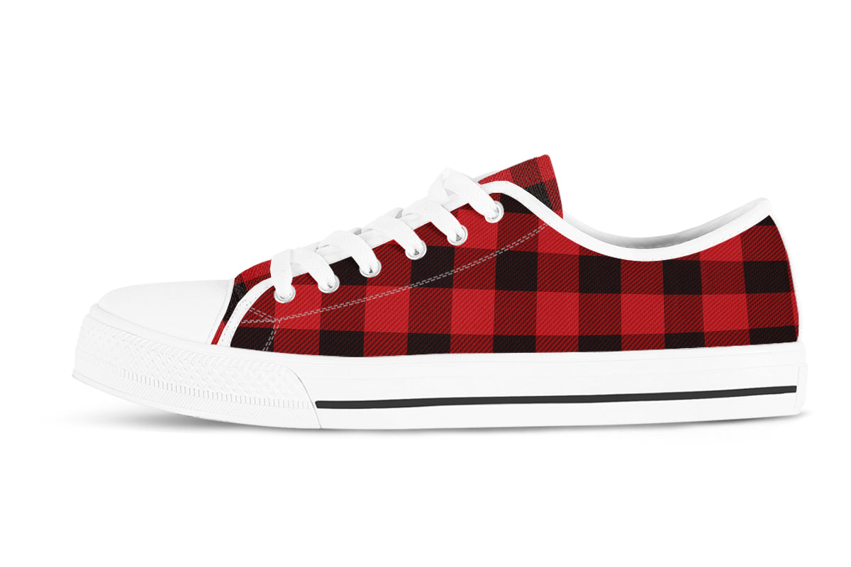 Plaid Sneakers: Black and Red Plaid Pattern Low Top Sneakers