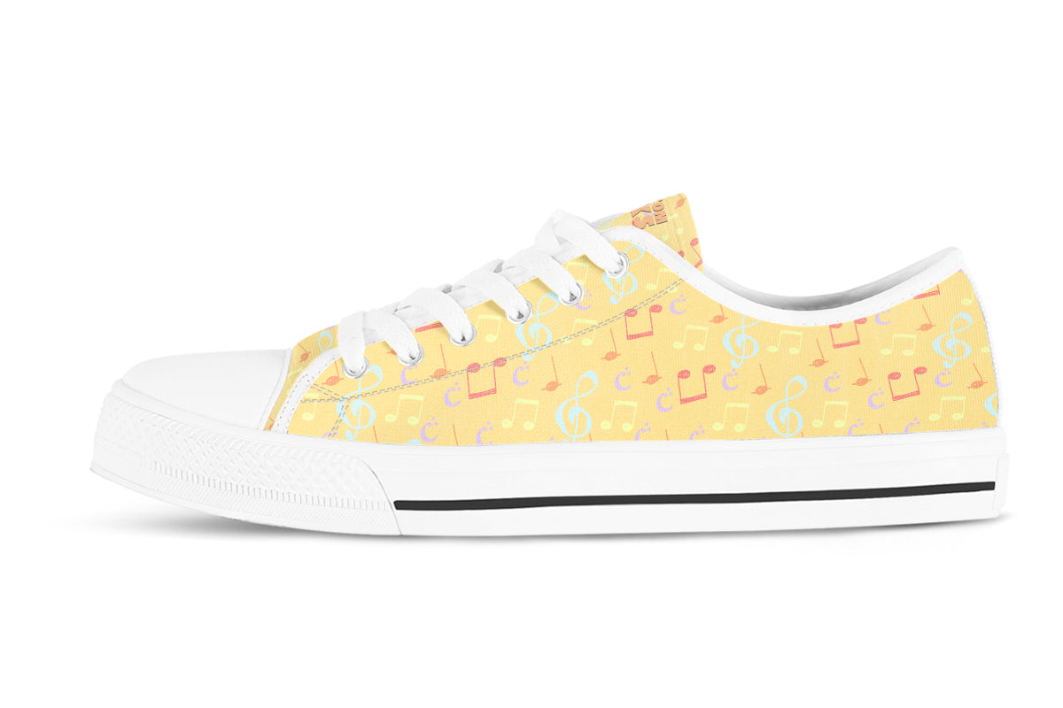 Music Notes Sneakers: Yellow Music Pattern Low Top Sneakers