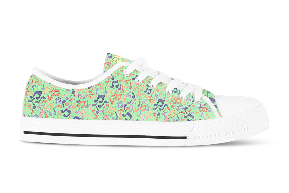 Music Notes Sneakers: Green Music Pattern Low Top Sneakers