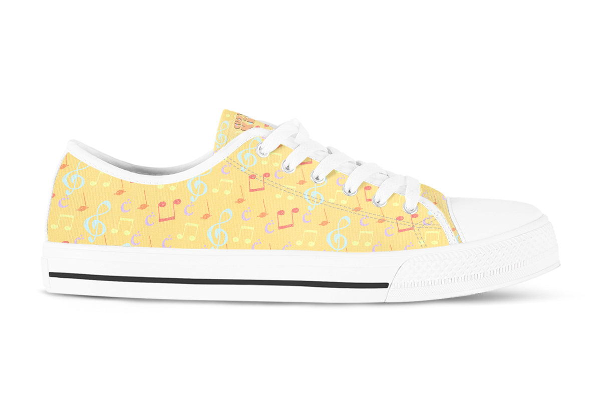 Music Notes Sneakers: Yellow Music Pattern Low Top Sneakers