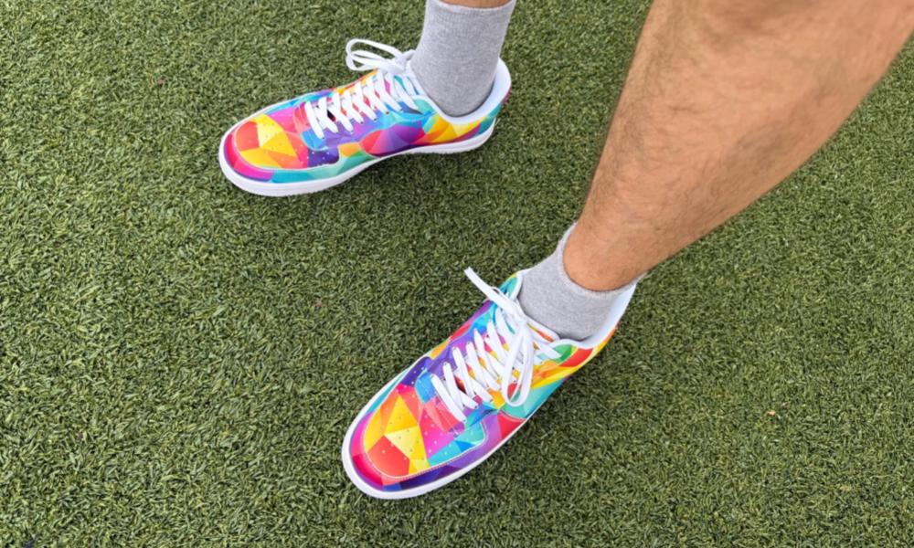 Multicolor Prism Sneakers with grey socks on green grass