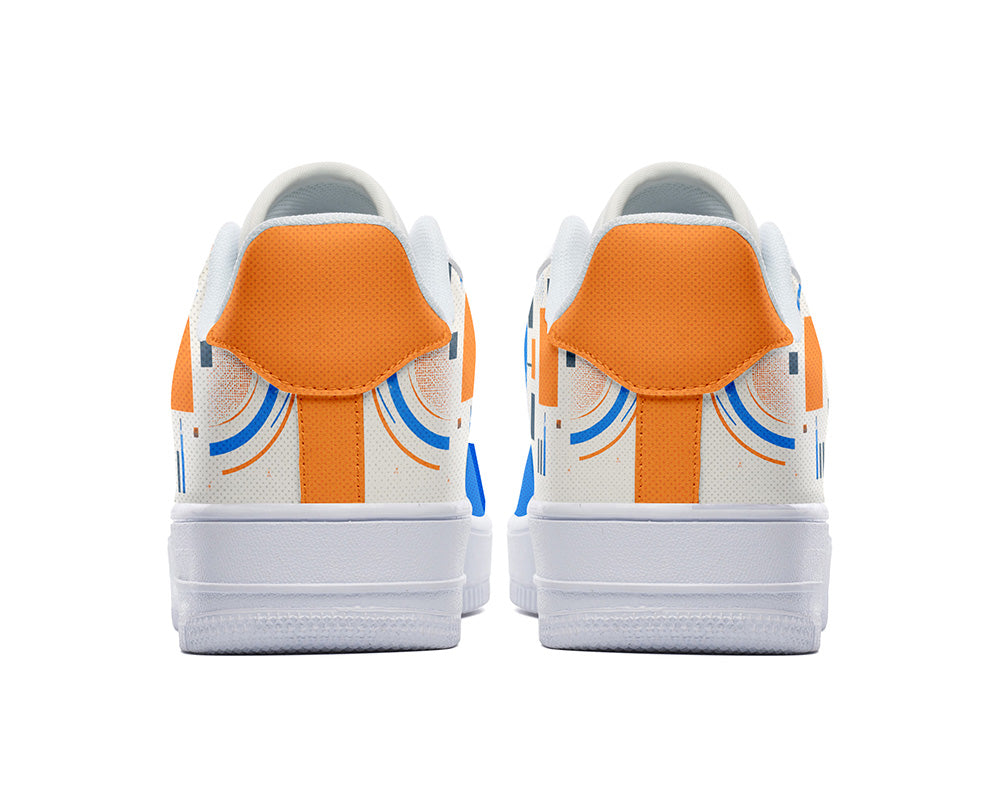 Court sneakers in white sole featuring a silver snare drum with drumsticks over blue and orange equalizer block patterns.