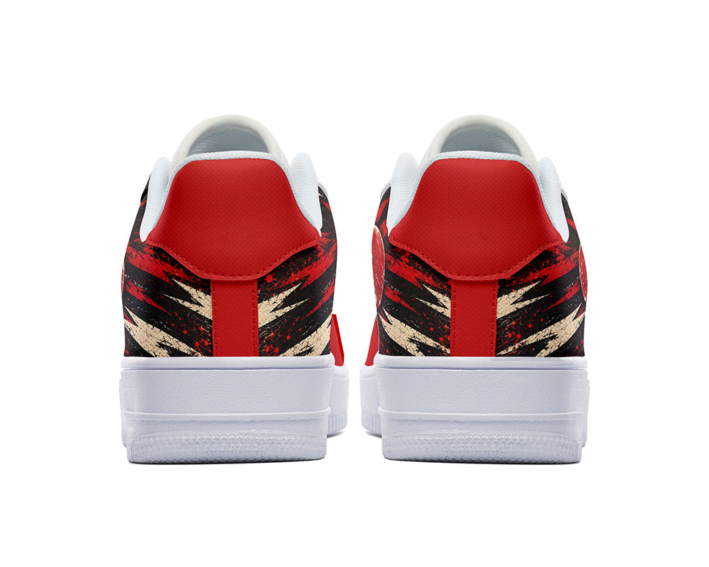 Court sneakers in white sole featuring a red electric guitar graphic over bold black, red, and cream lightning burst panels.