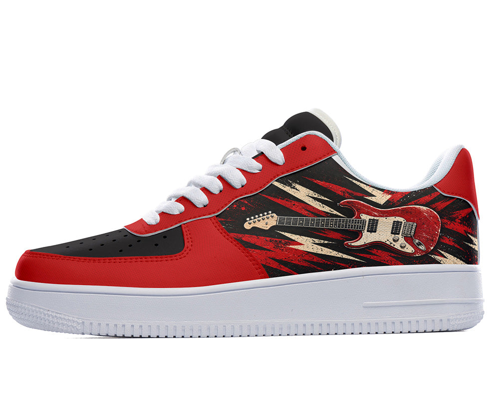 Court sneaker in white sole with a side view featuring a red electric guitar graphic over bold black, red, and cream lightning burst panels.