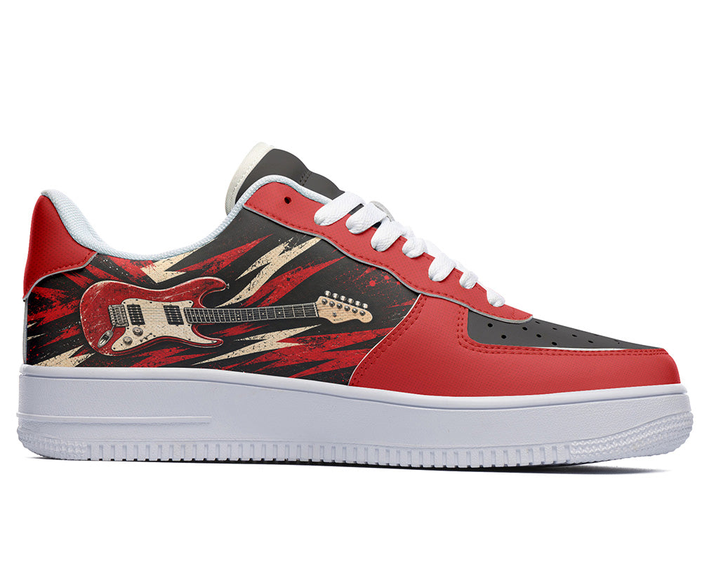 Court sneaker in white sole with a side view featuring a red electric guitar graphic over bold black, red, and cream lightning burst panels.