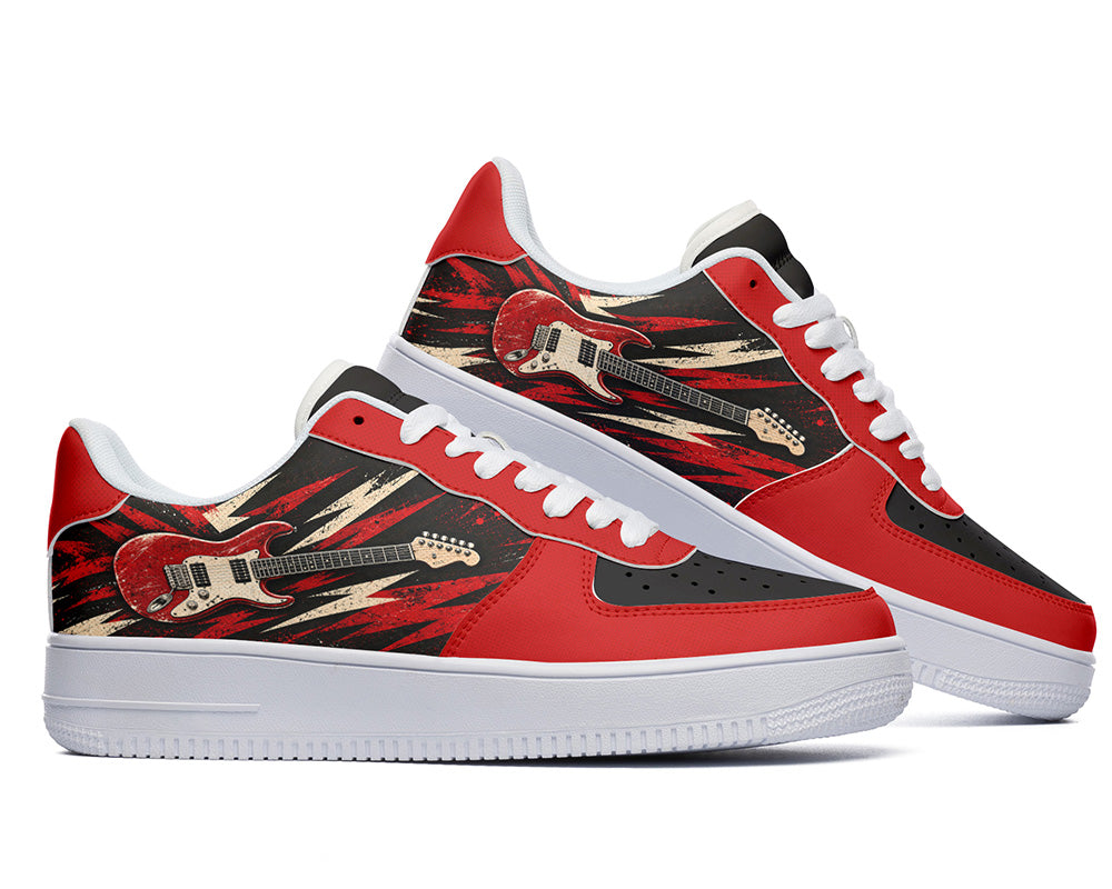 Court sneakers in white sole featuring a red electric guitar graphic over bold black, red, and cream lightning burst panels.