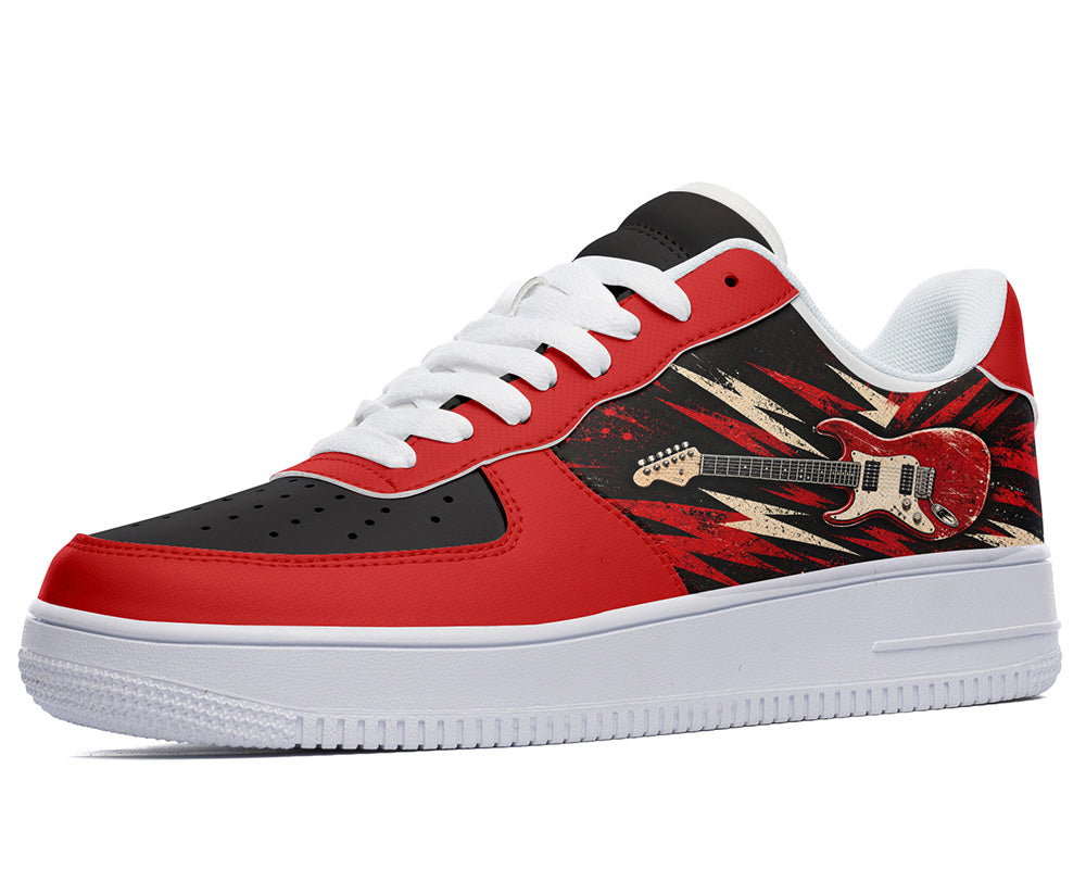 Court sneaker in white sole with a side view featuring a red electric guitar graphic over bold black, red, and cream lightning burst panels.