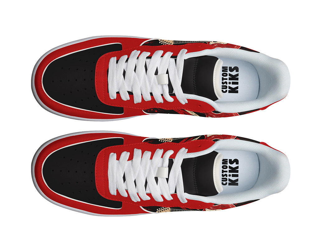 Court sneakers in white sole featuring a red electric guitar graphic over bold black, red, and cream lightning burst panels.