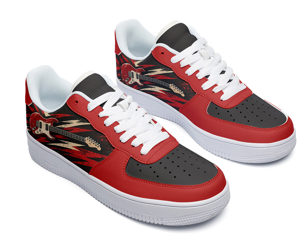 Court sneakers in white sole featuring a red electric guitar graphic over bold black, red, and cream lightning burst panels.