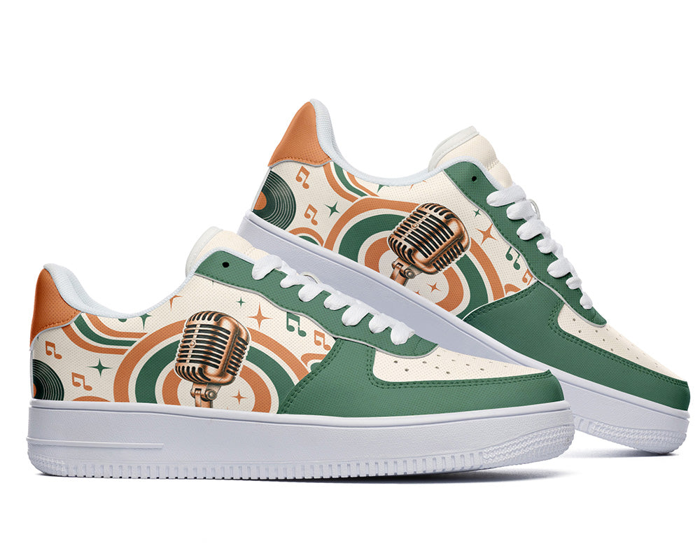 Court sneakers in white sole featuring a vintage gold microphone illustration over green and orange rainbow wave arches and music notes.