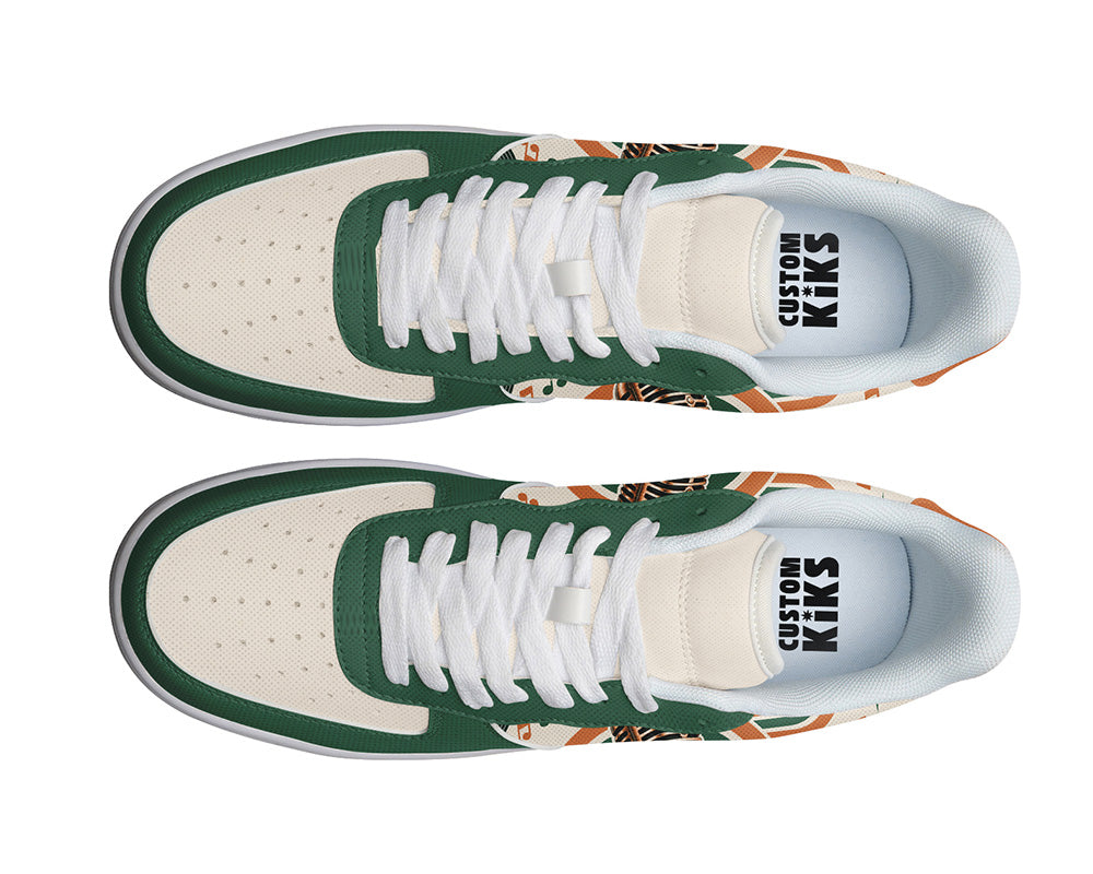 Court sneakers in white sole featuring a vintage gold microphone illustration over green and orange rainbow wave arches and music notes.