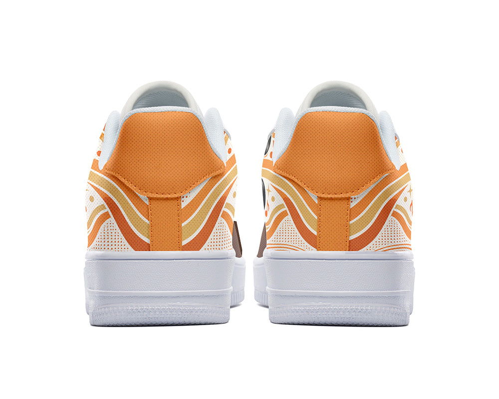Court sneakers in white sole featuring black vinyl LP records over orange and cream retro wave lines with brown leather overlays.
