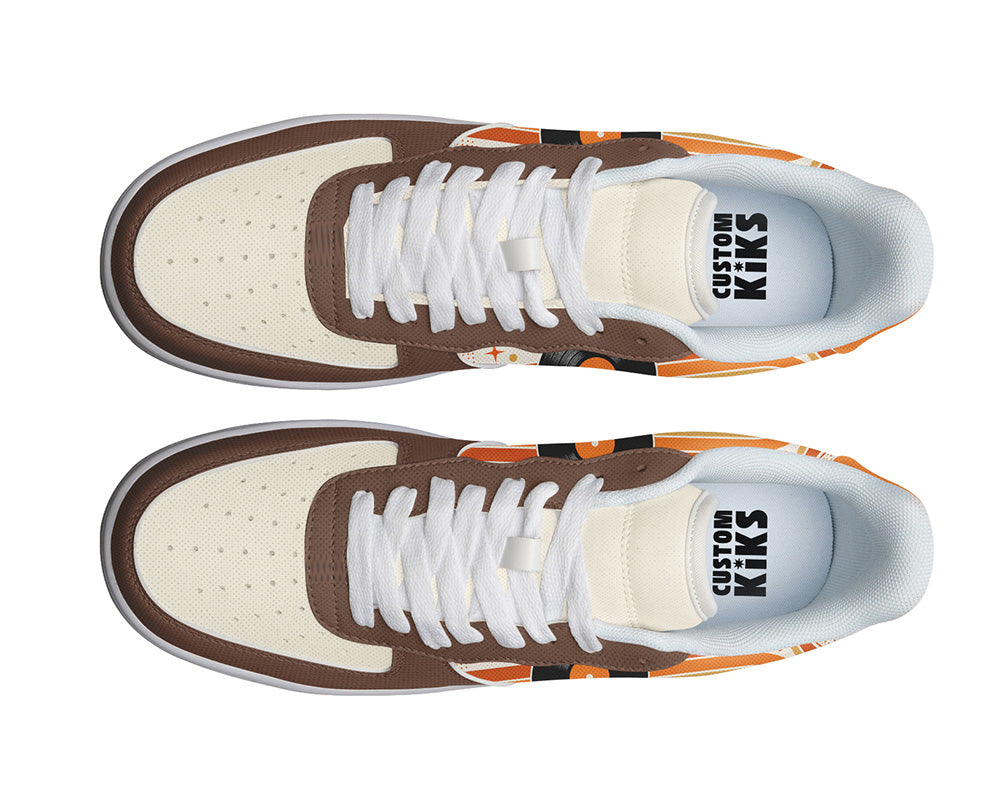 Court sneakers in white sole featuring black vinyl LP records over orange and cream retro wave lines with brown leather overlays.