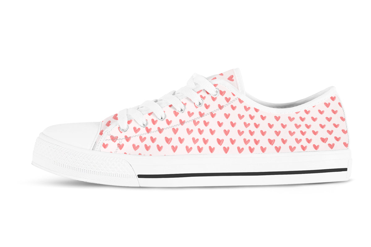 Heart Pattern Sneakers: Red Hearts Pattern Low Top Sneakers