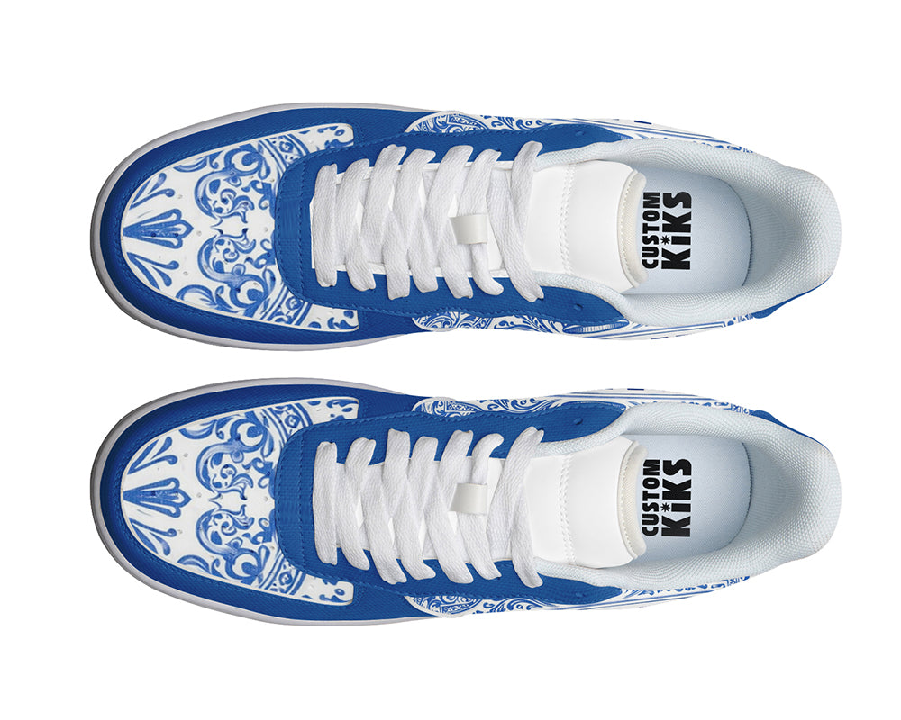 Madrid Sneakers: Blue Spanish Tile Pattern Court Sneakers