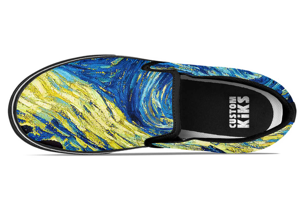 Starry Night Sneakers: Swirl Sky Illustration Slip On Sneakers