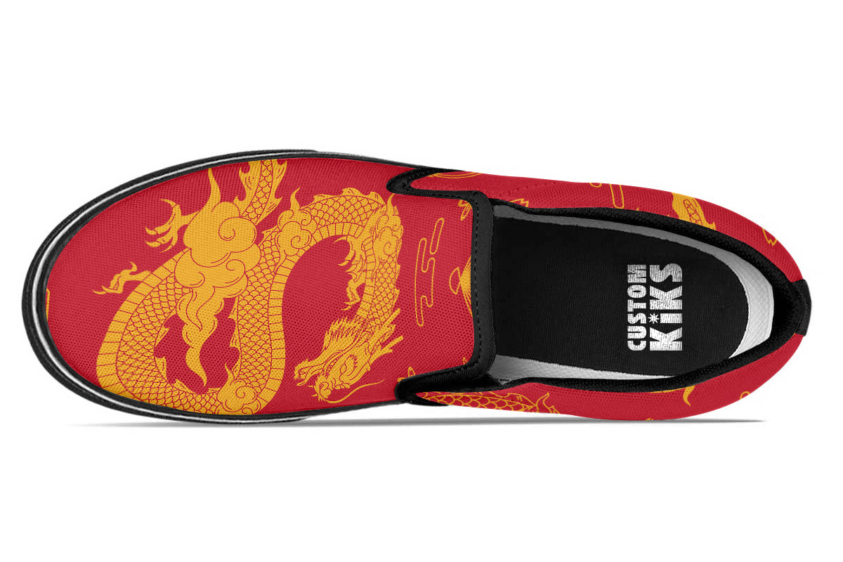 Dragon Sneakers: Red Dragon Pattern Slip On Sneakers