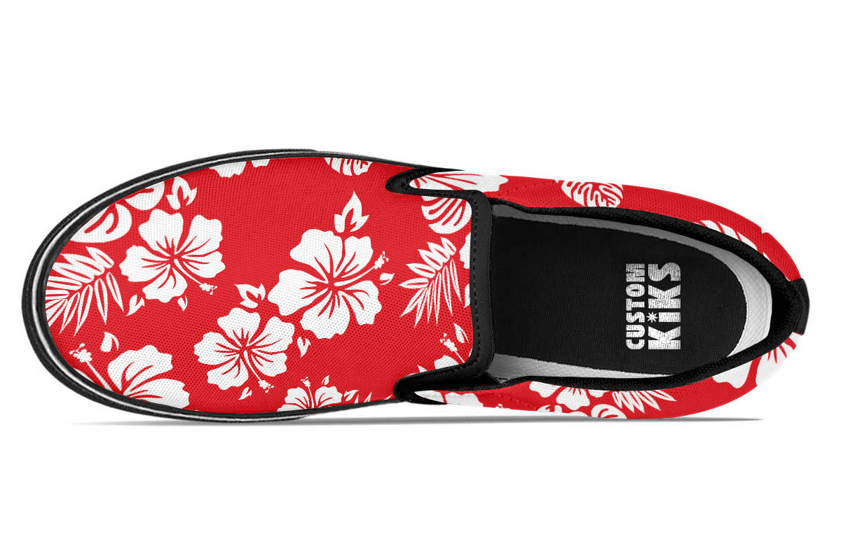 Hawaiian Sneakers: Red Floral Pattern Slip On Sneakers