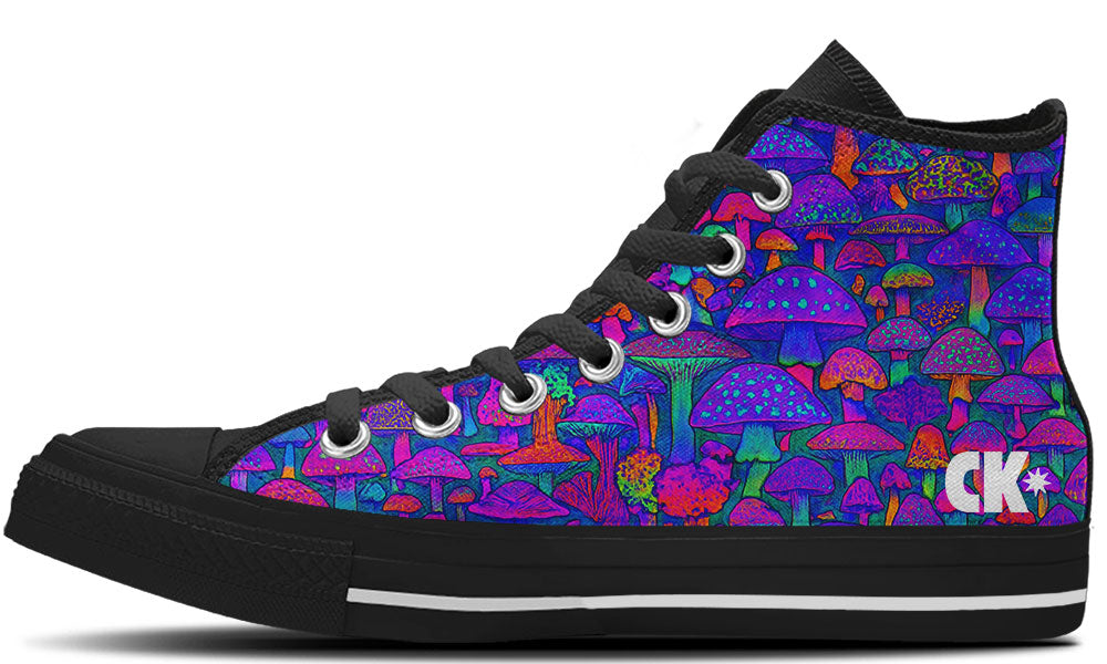 Custom Kiks Royal Purple Mushroom High Tops in deep purple whimsical mushroom design
