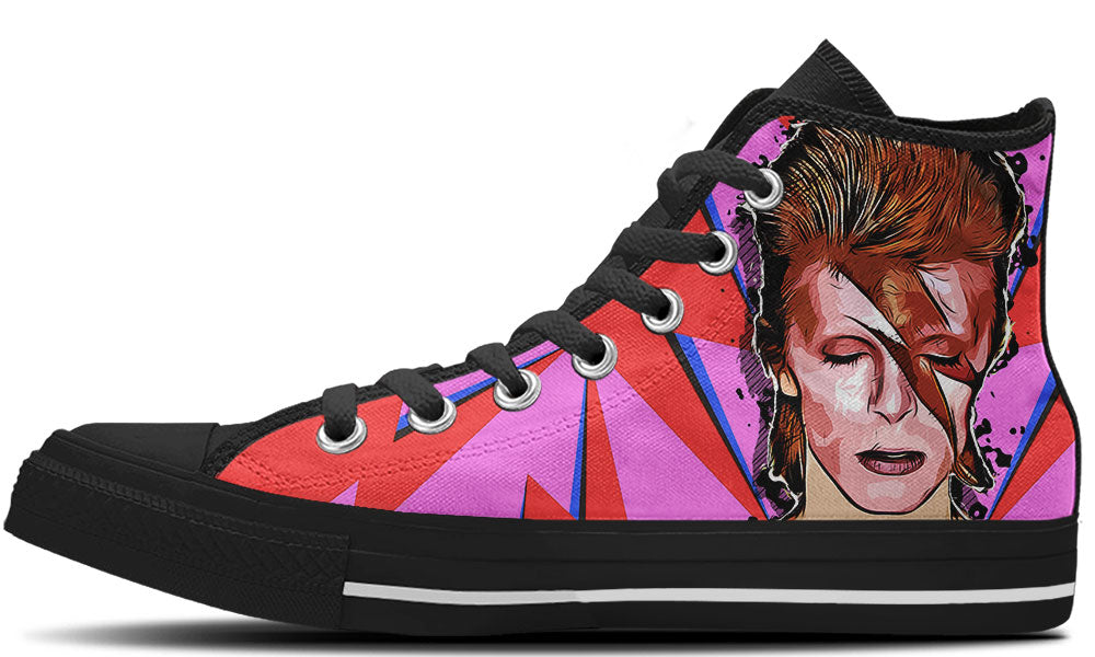 High Top sneaker in black sole with a side view featuring a pink and red starburst background accented with bold red and blue lightning bolt graphics.