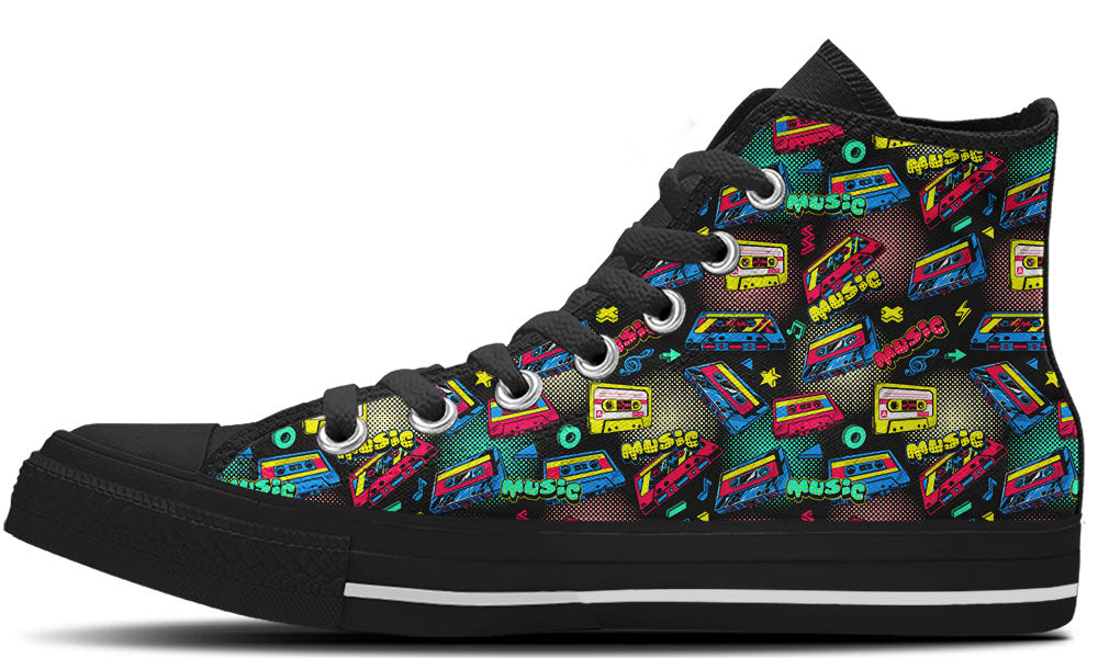 High Top sneaker in black sole with a side view featuring a colorful 80s retro pattern of neon cassette tapes, halftone dots, and music text.