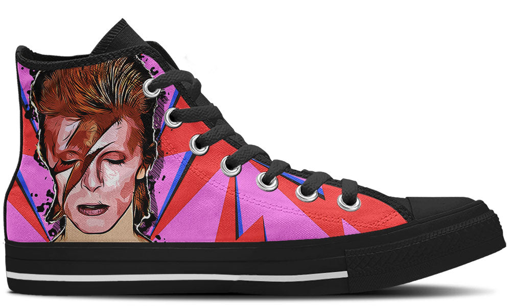 High Top sneaker in black sole with a side view featuring a pink and red starburst background accented with bold red and blue lightning bolt graphics.