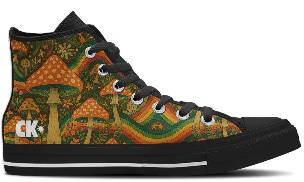 Custom Kiks Fungi Pride High Tops – terracotta red and deep green mushroom patterns with rainbow background