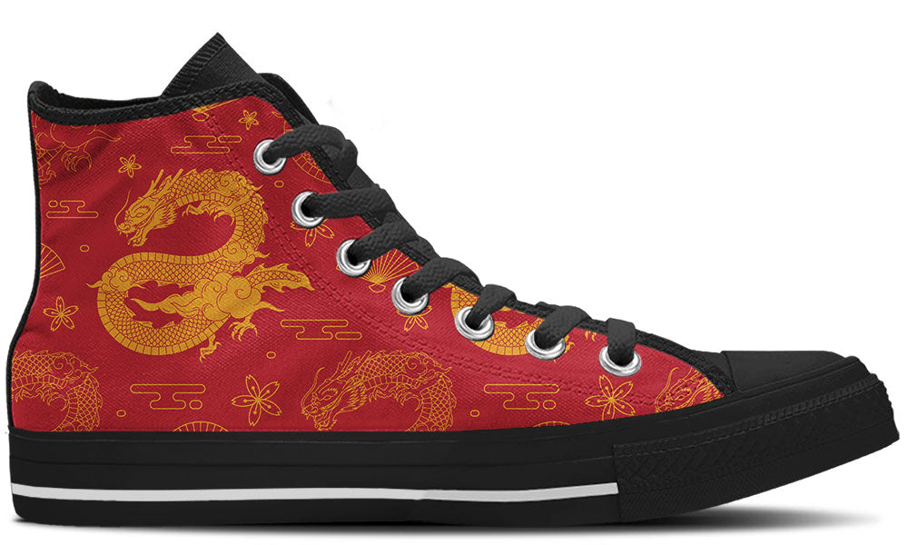 Dragon Sneakers: Red Dragon Pattern High Top Sneakers